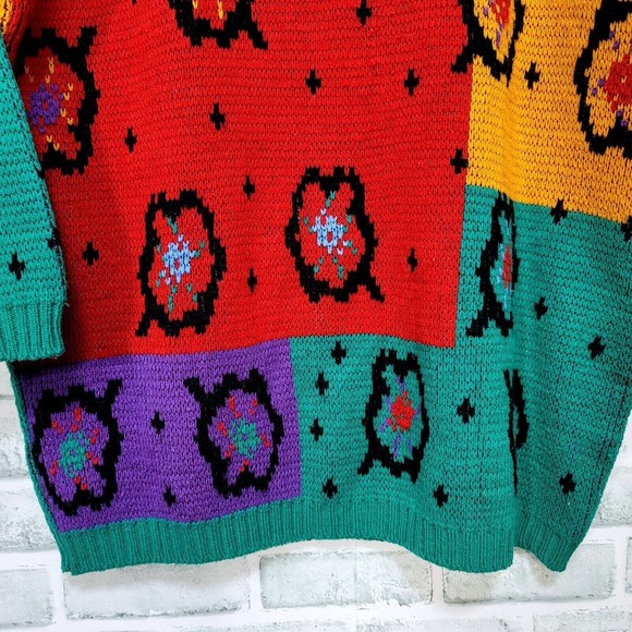 Vintage Fabriano Colorblock‎ Floral Sweater 90s Bold Geometric Knit Unisex - Picture 4 of 8